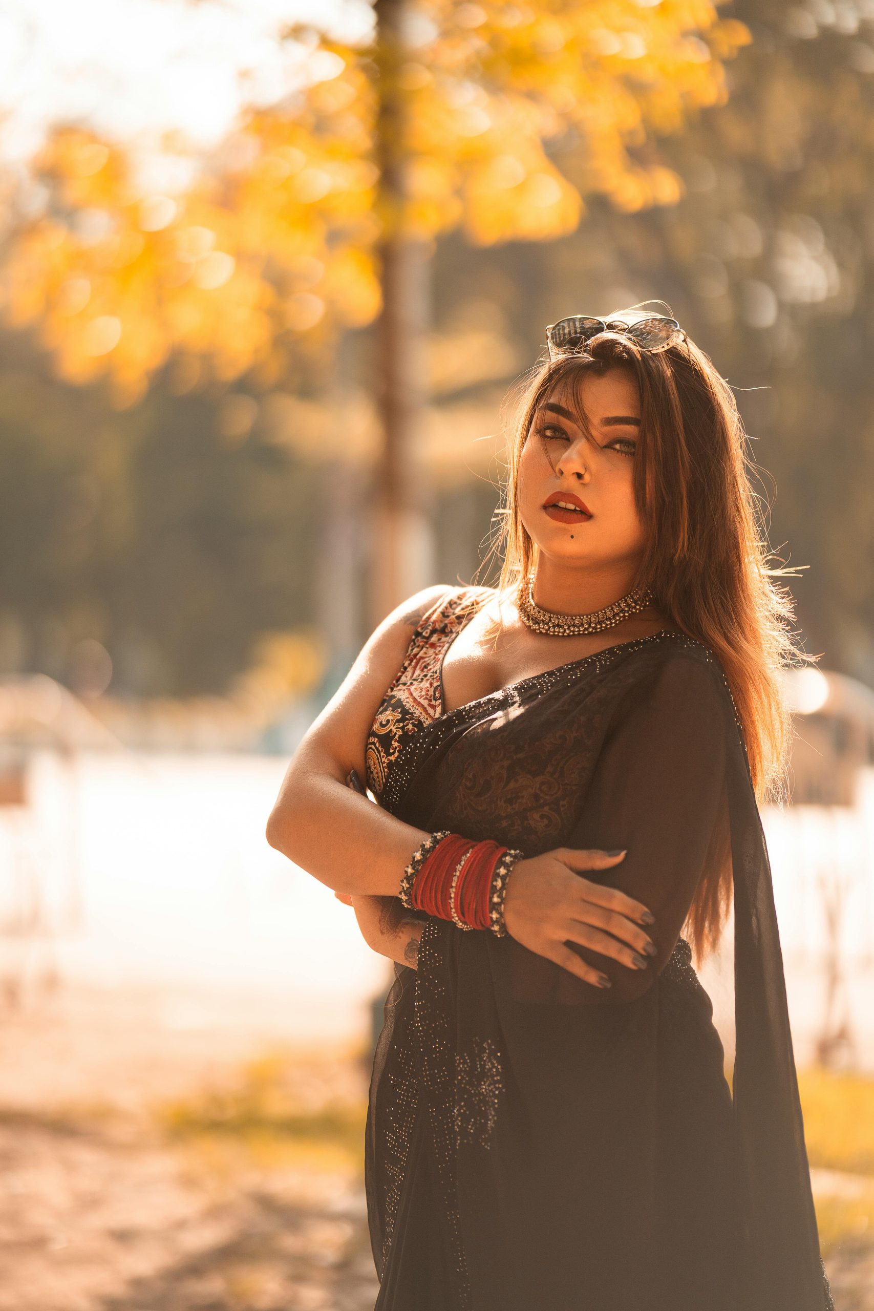 A stunning portrait of an Indian woman in a saree outdoors during fall, capturing her elegance and charm.